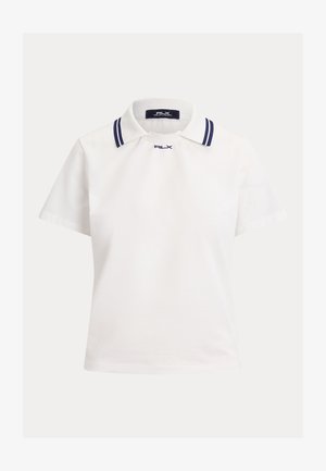 Bílá polo košile s krátkými rukávy, s klasickým límečkem zdobeným námořnicky modrými pruhy a vyšitým logem "RLX" na hrudi.