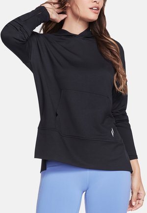 Schwarzer Kapuzenpullover mit langen Ärmeln, einer Fronttasche und Kapuze. Glattes, leichtes Material und lockere Passform. Verziert mit einem kleinen Logo am Saum.