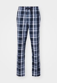 Pantalon de pyjama à carreaux bleu marine et blanc avec une taille élastique et un cordon de serrage ; fabriqué à partir d'un tissu doux avec une coupe décontractée.