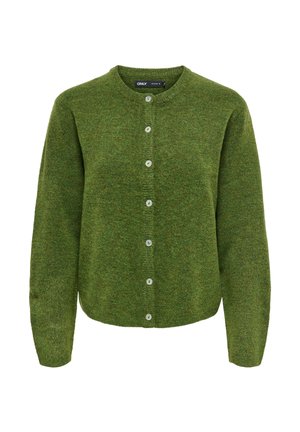 Cardigan vert tricoté à manches longues avec col rond et sept boutons blancs sur le devant, présenté sur fond blanc.