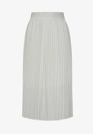 Jupe midi plissée en tissu léger couleur crème avec une large ceinture, présentant des plis verticaux pour un aspect texturé.