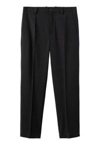 Pantalones negros de tela suave, con un diseño de pierna recta, cierre de botón en la parte delantera y dos bolsillos laterales.