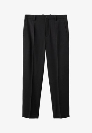 Pantaloni negri dintr-un material neted, cu un design cu picior drept, închidere frontală cu buton și două buzunare laterale.