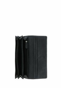 Portefeuille en cuir noir avec une finition texturée, comportant trois compartiments et une section zippée. Design compact avec une fermeture à pression.