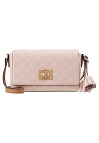 Borsa a tracolla in pelle rosa con motivo floreale in rilievo, hardware dorato e un accento a frange. Cinghia regolabile per versatilità.