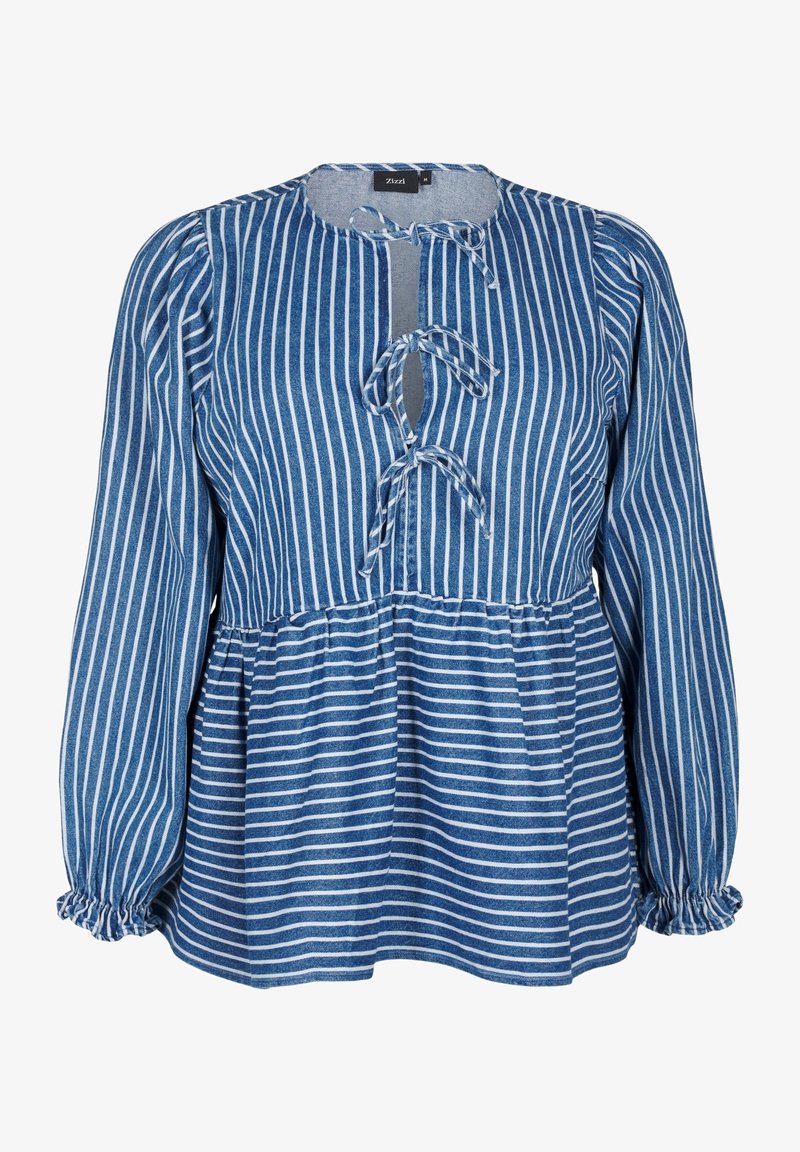 Blouse à manches longues à rayures verticales et horizontales bleues et blanches, avec trois fermetures à nouer sur le devant et des poignets froncés.
