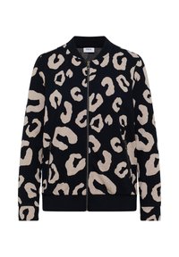 Veste bomber en imprimé léopard noir et beige, avec fermeture éclair à l'avant, poignets et ourlet côtelés. Fabriquée en tissu doux et texturé.