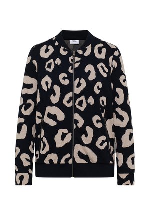 Veste bomber en imprimé léopard noir et beige, avec fermeture éclair à l'avant, poignets et ourlet côtelés. Fabriquée en tissu doux et texturé.