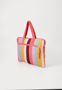 Striped fabric bag in pastel colors with a zip closure, dual handles, and an exterior zip pouch, featuring a rectangular shape and textured surface.