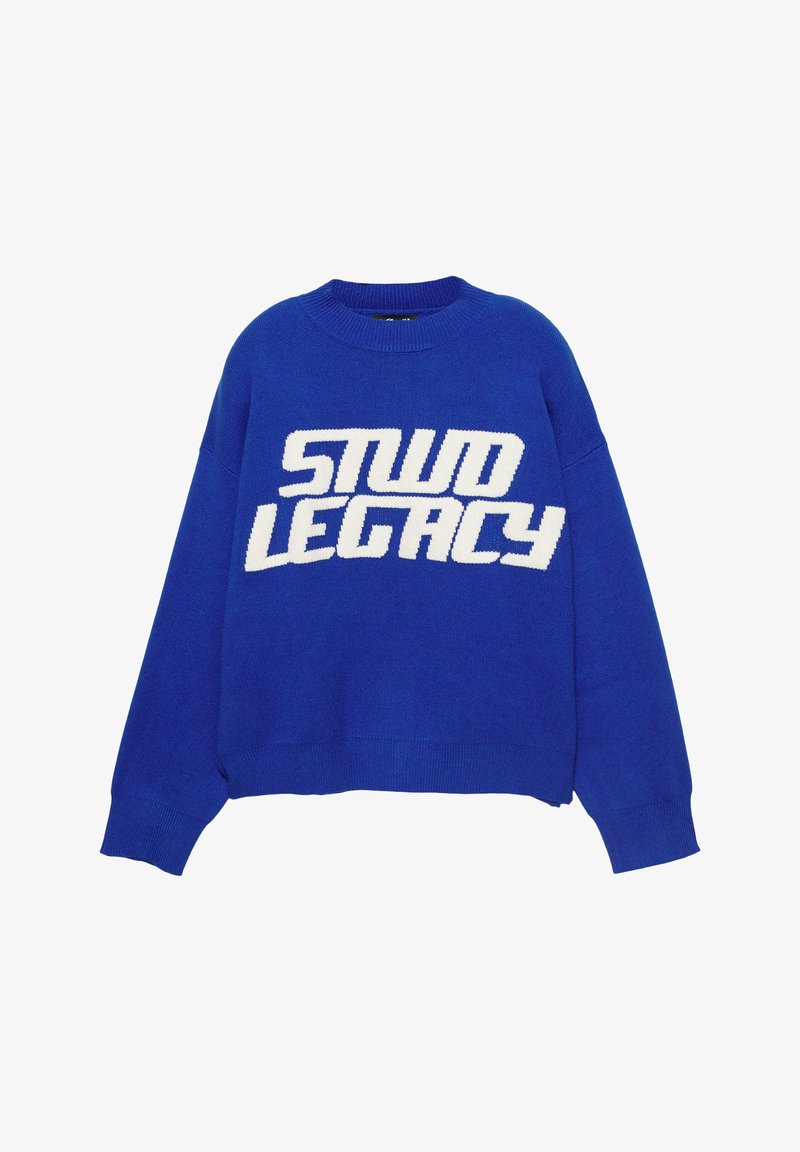 Maglione azzurro a girocollo con testo bianco in grassetto "STWD LEGACY" sul petto, dotato di maniche lunghe e bordi a coste.