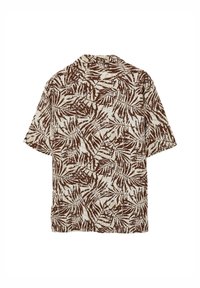 Camicia a maniche corte con un motivo di foglie di palma marroni e crema, realizzata in tessuto leggero, con una vestibilità rilassata e un design colletto aperto.