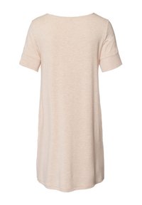 Abito a t-shirt corto, rosa chiaro, con maniche corte e vestibilità morbida, scollatura rotonda e tessuto soffice e testurizzato. Senza motivi o accenti visibili.