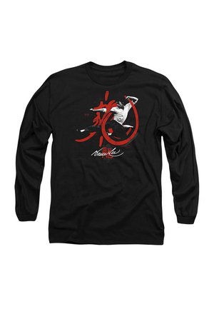 Long-sleeve black T-shirt featuring a red graphic design, showing a martial artist in action with stylized Chinese characters and a signature.