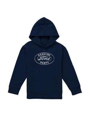 Marineblaue Kapuzenjacke mit Fronttasche und weißem ovalem Logo auf der Brust mit der Aufschrift "Genuine Ford Parts".
