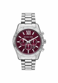 Michael Kors Uhr mit burgunderfarbenem Zifferblatt, Gehäuse und Armband aus Edelstahl in Silberoptik, Chronographen-Subdials und Datumsanzeige.