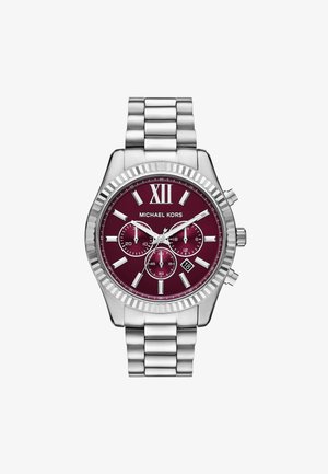 Michael Kors Uhr mit burgunderfarbenem Zifferblatt, Gehäuse und Armband aus Edelstahl in Silberoptik, Chronographen-Subdials und Datumsanzeige.