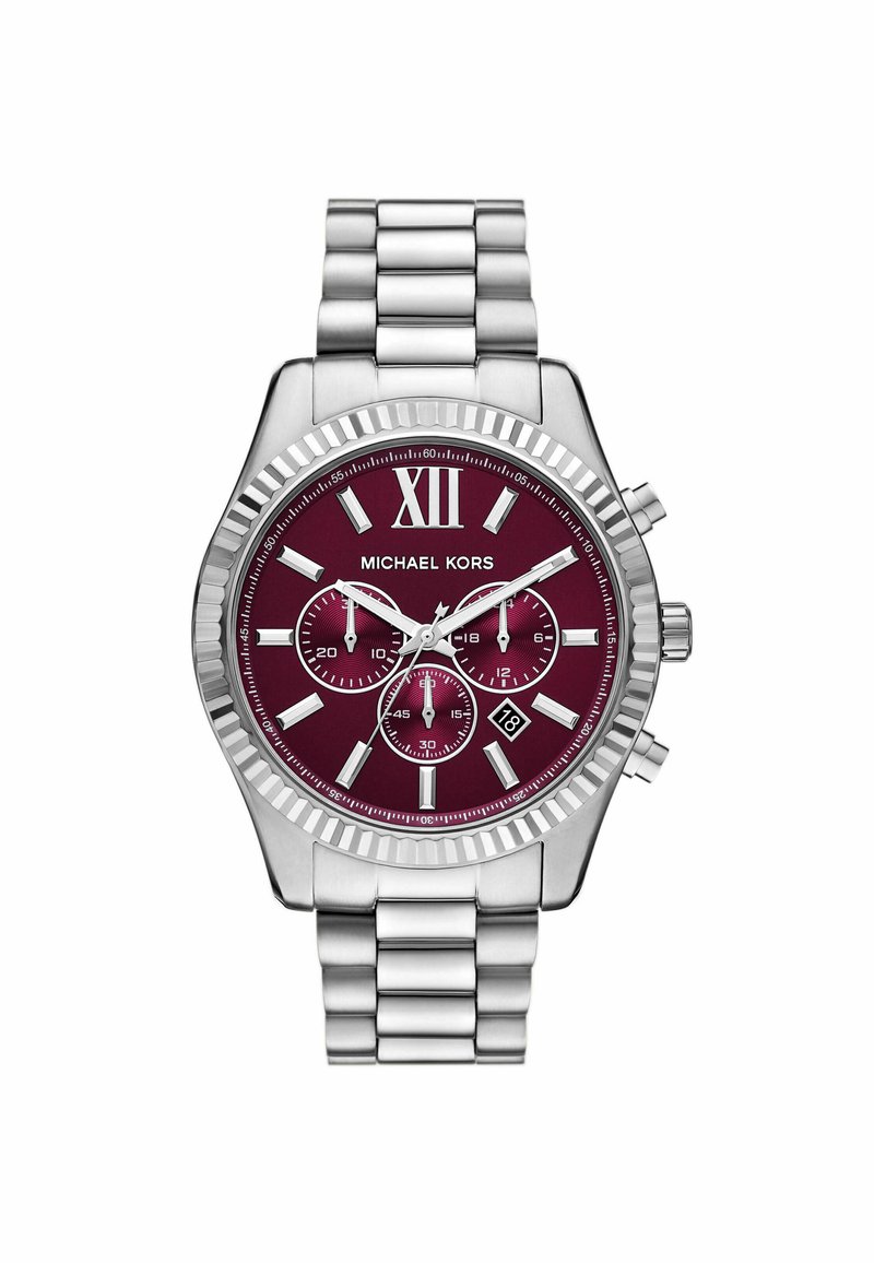 Michael Kors Uhr mit burgunderfarbenem Zifferblatt, Gehäuse und Armband aus Edelstahl in Silberoptik, Chronographen-Subdials und Datumsanzeige.