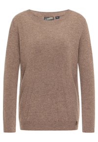 Lichtbruin langemouwen brei-sweater met een ronde halslijn, geribbelde manchetten en zoom, en subtiele diagonale zakdetails.