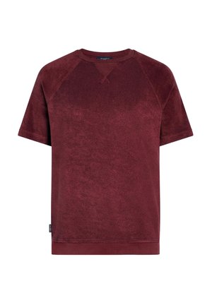 Chemise en éponge bordeaux à manches courtes avec col rond et détails en couture en "V" au col, présentant une petite étiquette sur le côté.