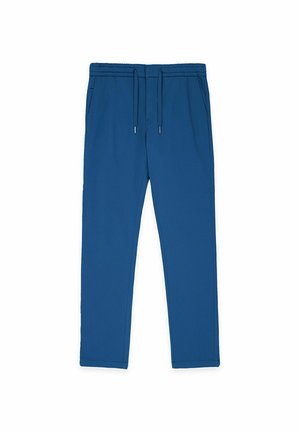 Pantalones jogger azules con cinturilla elástica y cordón. Textura suave con corte ajustado y sin patrones ni herrajes visibles.
