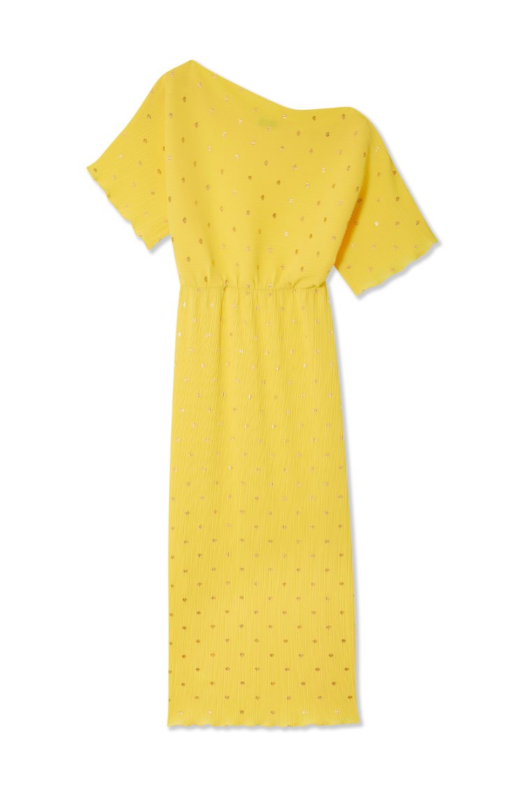 Żółta sukienka z krótkimi rękawami, prążkowaną teksturą i marszczonym pasem. Posiada złote kropki i asymetryczny dekolt.
