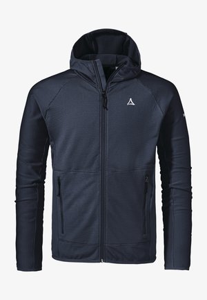 Marineblaue, mit Reißverschluss versehene Kapuzenjacke mit einem strukturierten Muster, seitlichen Taschen und einem kleinen Logo auf der Brust. Sie verfügt über eine taillierte Passform und lange Ärmel.