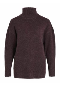 Pull à col roulé bordeaux foncé en tissu tricoté doux, doté d'un col côtelé et d'une coupe décontractée avec manches longues.