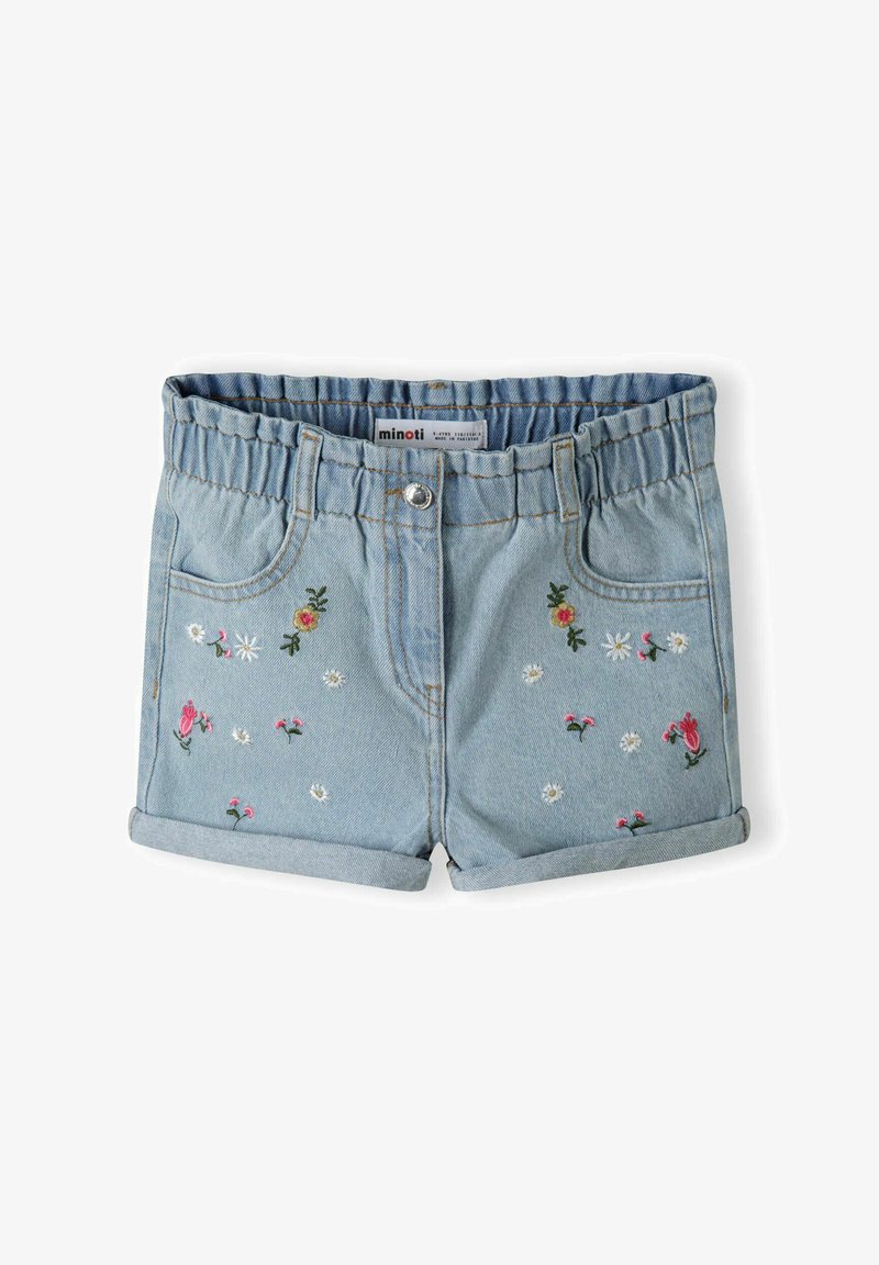 Ljusblå denimshorts med blommig broderi i rosa och vitt, med uppvikt nederkant och elastisk midja för komfort.