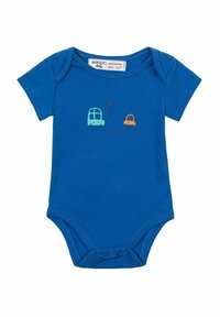 Kék pamut rövid ujjú rugdalózó, amely játékos jármű grafikákkal van díszítve zöld és narancssárga színben. Az alján patentos záródás található.