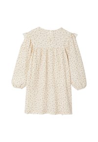 Blumenkleid mit beigem Hintergrund, puffierten Ärmeln und Rüschendetails. Verfügt über einen Knopfverschluss am Rücken und ein plissiertes Design.