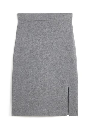 Grijze gebreide rok met een aansluitende silhouet, met een zijsplit voor extra detail. Zachte textuur en eenvoudig ontwerp benadrukken de veelzijdigheid.