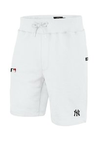 Pantaloni sportivi bianchi in cotone con vita elastica e cordino, con logo MLB in rosso, blu e bianco, e logo NY in nero.