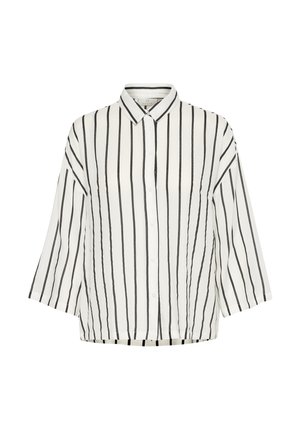 Chemisier blanc à rayures verticales noires. Doté d'un col, de manches courtes et d'une coupe décontractée. Texture de tissu lisse.