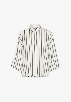 Chemisier blanc à rayures verticales noires. Doté d'un col, de manches courtes et d'une coupe décontractée. Texture de tissu lisse.