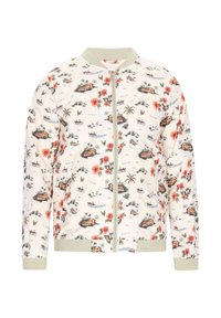 Bloemen bomberjack in crème met groene accenten, featuring een tropisch patroon van bloemen, huizen, boten en palmbomen op zachte stof.