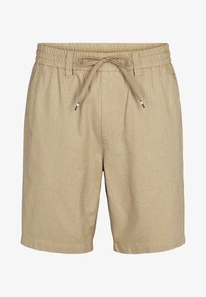 Kaki šortsevi s elastičnim pojasom i vezicom. Imaju bočne džepove i strukturu materijala. Klasičan dizajn kratkih hlača.