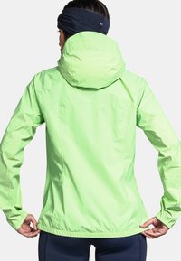Hellgrüne, wasserabweisende Jacke mit Kapuze, elastischen Bündchen und verstellbarem Saum. Glatte Textur ohne sichtbare Muster oder Akzente.