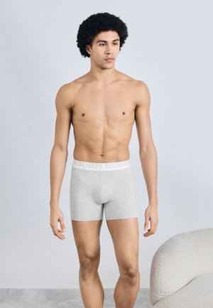 Shorts boxer gris avec une ceinture blanche arborant le texte "BJORN BORG". Coupe slim avec une texture lisse, portés par un jeune homme aux cheveux bouclés.