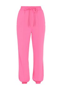 Rózsaszín, puha anyagból készült húzózsinóros melegítőnadrág, rugalmas derékpánttal, oldalsó zsebekkel és bordázott mandzsettákkal a bokán.