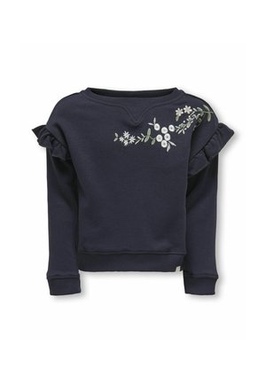 Sweat-shirt marine à manches volantes, décolleté en v, et broderie florale blanche et verte sur le devant. Fabriqué en matériau doux.