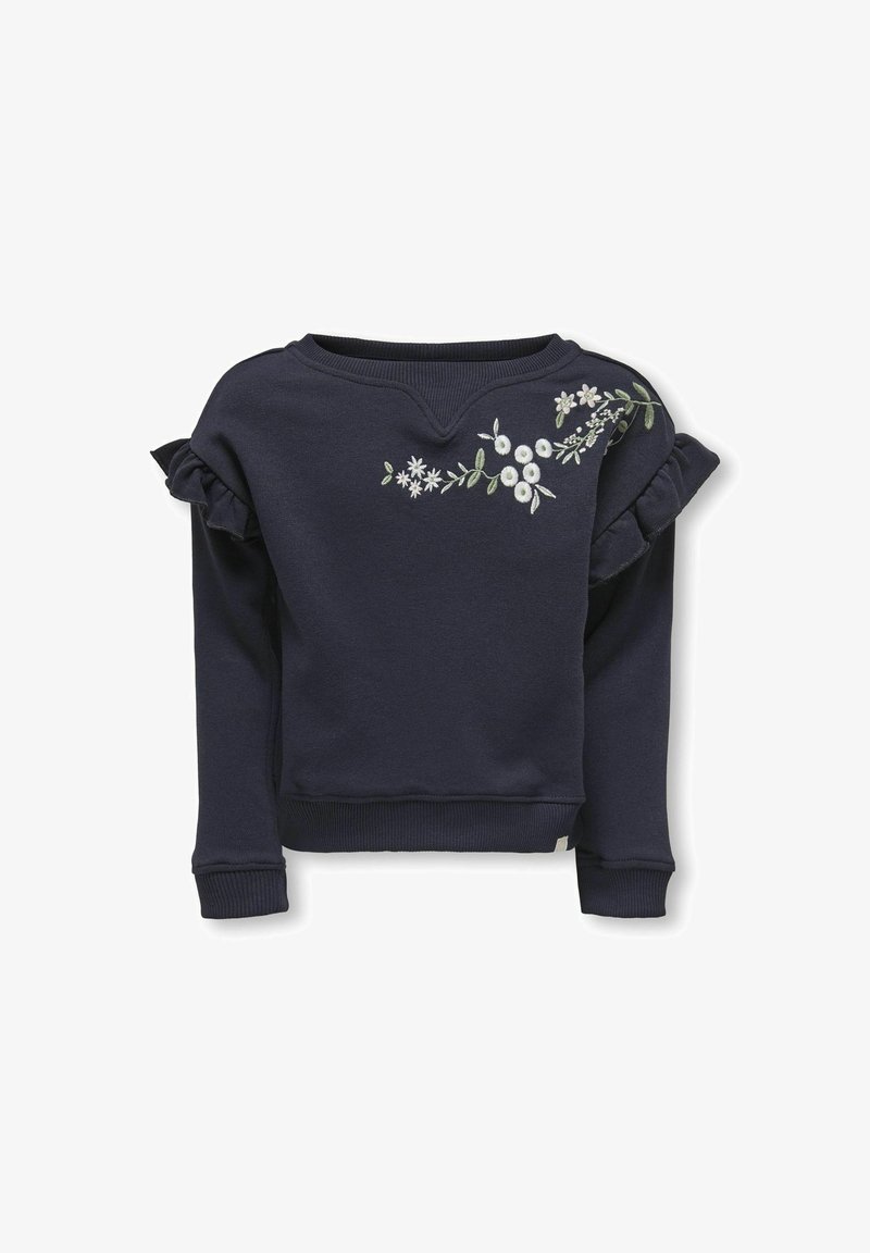 Sweat-shirt marine à manches volantes, décolleté en v, et broderie florale blanche et verte sur le devant. Fabriqué en matériau doux.