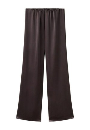 Pantalon en soie marron foncé, ample, avec une taille élastique et des jambes droites larges.