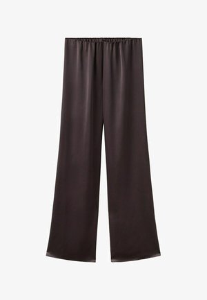 Loose-fitting dark brown silk pants with an elastic waistband and wide straight legs.