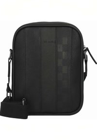 Musta olkalaukku tekstuurillisesta keinonahasta, jossa on ruutukuvio ja logo. Mukana irrotettava hihna ja vetoketjukiinnitys.