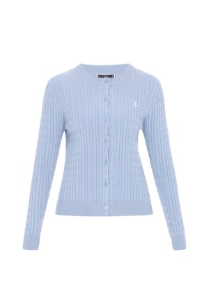 Svetlomodrý pletený cardigan s textúrovaným káblovým vzorom, s okrúhlym výstrihom, dlhými rukávmi a zapínaním na gombíky vpredu.