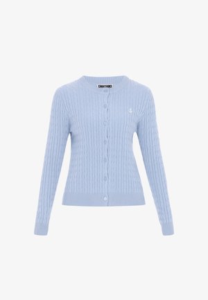 Vaalea sininen neulotun villatakin, jossa on teksturoitu kaapelitekstuuri. Takissa on pyöreä kaula-aukko, pitkät hihat ja nappikiinnitys edessä.