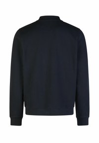 Dunkelblaues Sweatshirt mit langen Ärmeln, gerippten Bündchen und einem runden Kragen. Glatte Textur, keine sichtbaren Muster oder Hardware-Details.