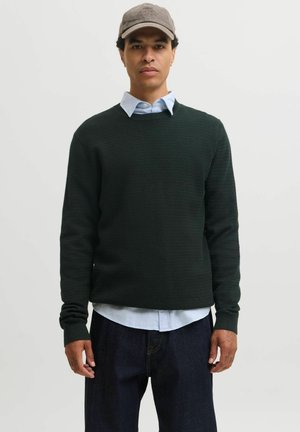 Homme portant un pull en laine vert foncé par-dessus une chemise bleu clair à col et un jean foncé, avec une casquette marron, faisant face à un fond uni.