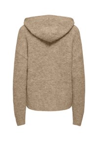 Pull à capuche en laine beige tricotée avec manches longues et ourlet côtelé, vu de dos sur fond blanc.