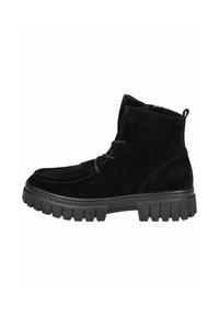 Bottines noires en daim avec une semelle en caoutchouc �épaisse, présentant des détails cousus et un design à lacets. Silhouette minimaliste et fonctionnelle.